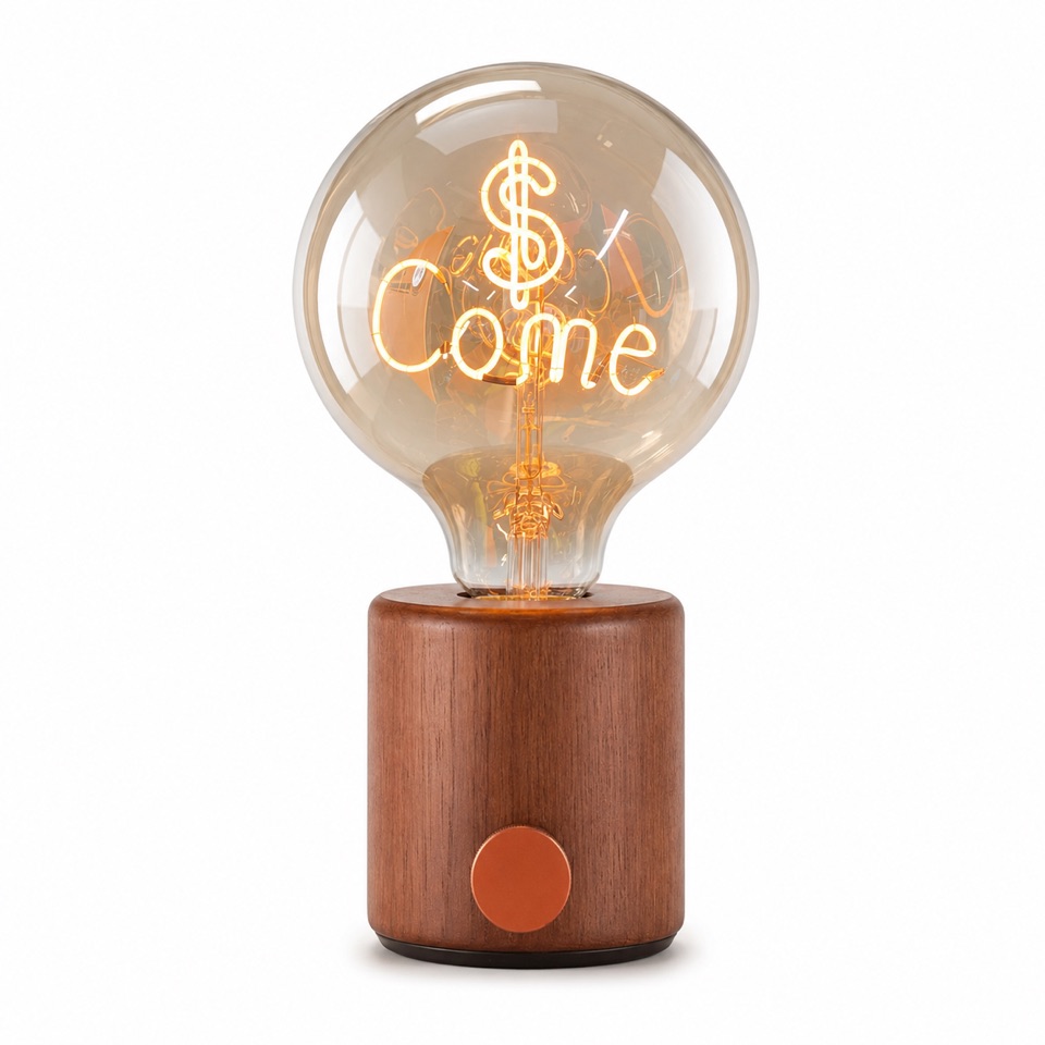 Clear globe message bulb with a glowing novelty filament on a cylindrical wood base