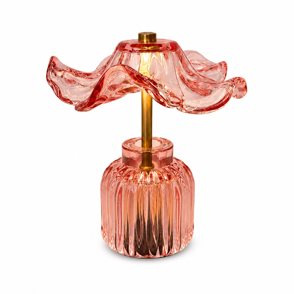 Rose pink ruffled glass table lamp with a ribbed glass base