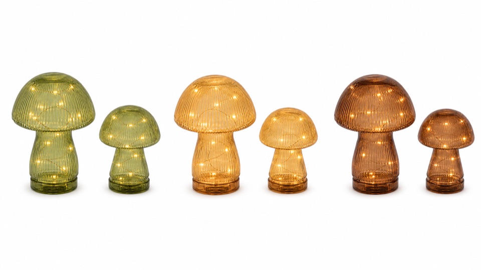 Six illuminated ribbed mushroom-shaped glass lights in two sizes