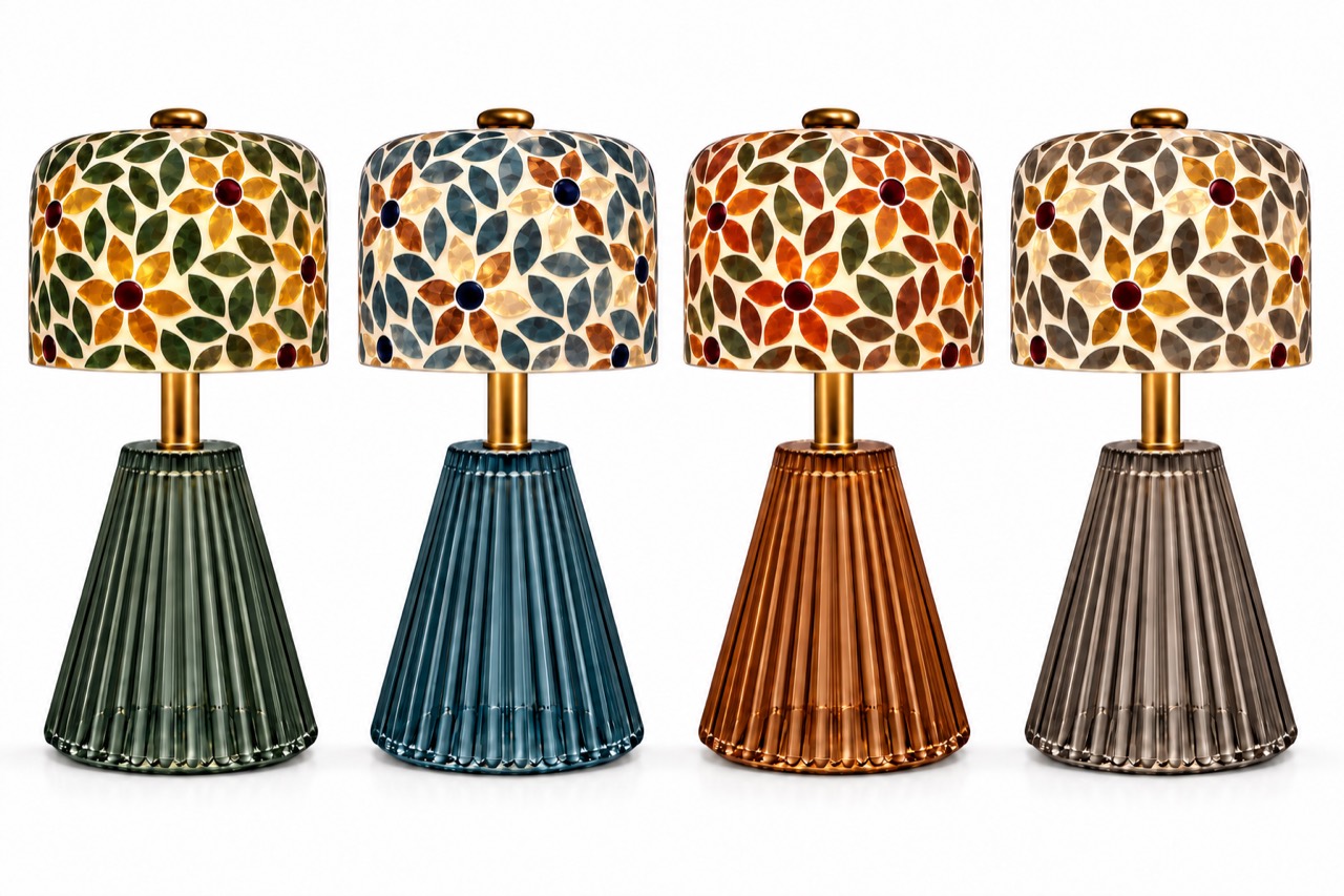 Four Raysea Bloom lamps in forest, ocean, sienna, and smoke