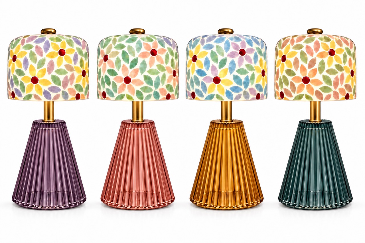 Four Raysea Bloom lamps in amethyst, rose, amber, and teal