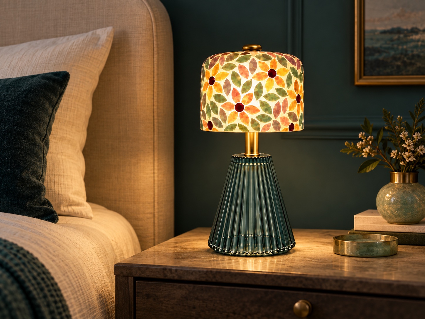 A glowing Raysea Bloom lamp on a bedside table in a deep teal room